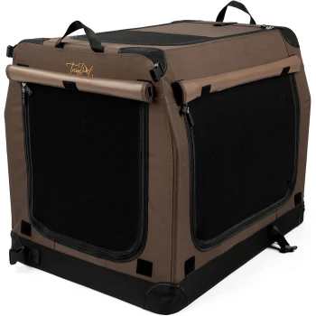 Braune Haustierbox mit Netzfenstern, ausgestattet mit einer aufrollbaren Tür und stabilen Griffen, ideal für Reisen und Haustierhaltung.