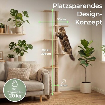 Getigerte Katze auf hohem Sisal-Kratzbaumstamm; sichtbarer Text: Platzsparendes Design‑Konzept, XXL Tragkraft bis 20 kg.