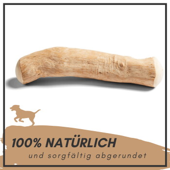 Natürlicher Hundekau-Stick mit einer hellen Holzstruktur, beschriftet mit "100% NATÜRLICH aus nachhaltigem Anbau" und mit einer Hundesilhouette und einem Globus-Icon.