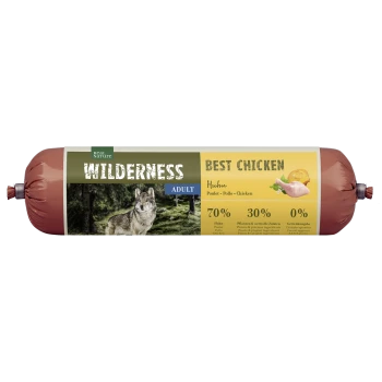 Futterrolle mit der Aufschrift "WILDERNESS ADULT • BEST CHICKEN" mit Wolfsfoto, Hühnerillustration und dem Text "70% 30% 0%".