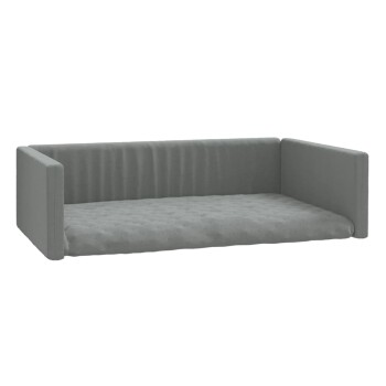 Grau Sofa für Haustiere mit gepolstertem Boden und niedrigen, gepolsterten Armen, entworfen für kleine bis mittelgroße Haustiere.