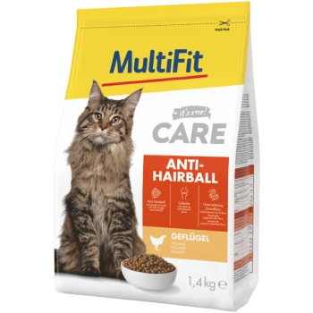 Un sac de nourriture pour chats MultiFit présentant un chat Maine Coon sur le devant, étiqueté "Anti-Hairball" avec des détails sur le soutien articulaire et digestif.
