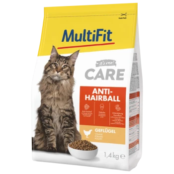 A bag of MultiFit cat food featuring a Maine Coon cat on the front, labeled "Anti-Hairball" with details on joint and digestive support.