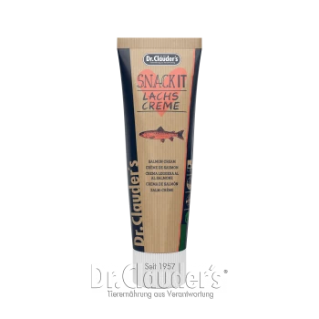 Dr. Clauder's Snack It Lachs Creme, eine Lachscreme für Haustiere, in einer Tube mit mehrsprachigen Etiketten präsentiert.