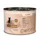 Eine Dose Katzenfutter mit der Aufschrift "Catz Finefood Classic No. 9", die eine Silhouette einer Katze zeigt, mit dem Hinweis, dass sie Wildspiel enthält und zu 93 % aus Fleisch besteht.