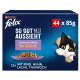 Pudełko karmy Purina Felix 44 x 85 g, talerzyk mokrej karmy, kreskówkowy czarno-biały kot, napisy 'So gut wie es aussieht' i 'In Gelee'.