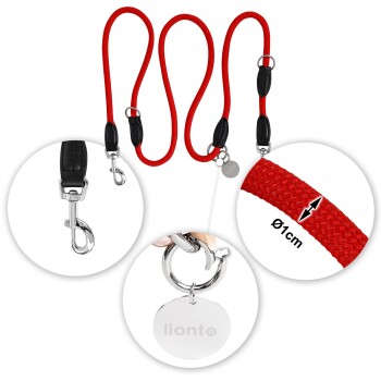 Rote Haustierleine mit strapazierfähigen Clips und einem strukturierten Griff, mit einer Nahaufnahme des Materials und einem Etikett mit dem "lionto"-Logo.
