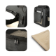Schwarze Tragetasche für Haustiere mit Netzpaneelen, Reißverschlussverschlüssen und einem abnehmbaren beigen Fleece-Pad, das verschiedene Winkel und Details zeigt.