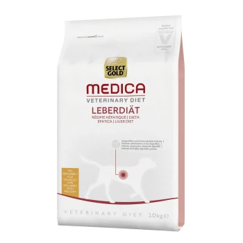 Select Gold Medica Veterinärdiät Leberdiät Hundefutterbeutel, 10 kg, mit Text in mehreren Sprachen über Leberdiät und hohe Verdaulichkeit.