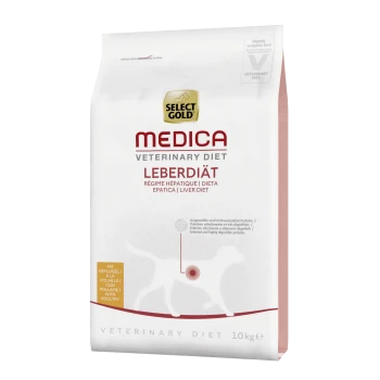 Select Gold Medica Veterinärdiät Leberdiät Hundefutterbeutel, 10 kg, mit Text in mehreren Sprachen über Leberdiät und hohe Verdaulichkeit.