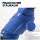 Ein Französischer Bulldogge in einer blauen Daunenjacke mit Kapuze und Reißverschlusstasche, mit den Aufschriften "easy Entry" und "Easy Entry durch Klettverschluss."