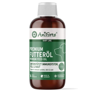 Flasche AniForte Premium Futteröl für Hunde, auf Deutsch beschriftet mit Text, der die Unterstützung für das Immunsystem, die Haut und das Fell hervorhebt.