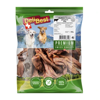 Premium Rindfleisch Streifen 800g DeliBest getrocknete Rindfleischstreifen für Hunde, 800g Packung, mit zwei Hunden am See, beschriftet mit "Glutenfrei" und "100% natürlich."