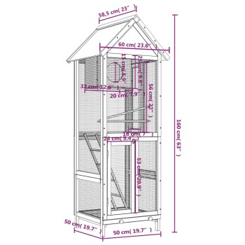 Drahtgitter-Holz-Vogelkäfig mit Dach, mehreren Sitzstangen und detaillierten Maßen in cm und Zoll.