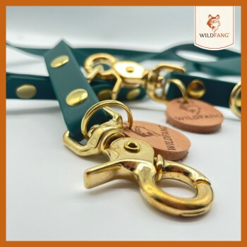 Grüne Haustierleinen mit goldenen Beschlägen und Lederetiketten, mit dem Logo "WILDFANG."