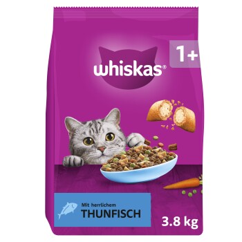 Paarse Whiskas-kattenvoerzak: loerende gestreepte kat, kom met brokjes; tekst: Whiskas, 1+, met heerlijke tonijn, 3,8 kg.