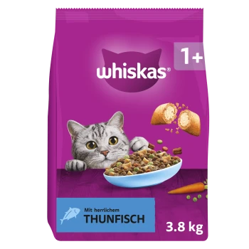 Lila Whiskas-Katzenfutterbeutel: eine hervorlugende Getigerte, ein Napf mit Trockenfutter; Text: Whiskas, 1+, Mit herrlichem THUNFISCH, 3,8 kg