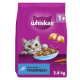 Lila Whiskas-Katzenfutterbeutel: eine hervorlugende Getigerte, ein Napf mit Trockenfutter; Text: Whiskas, 1+, Mit herrlichem THUNFISCH, 3,8 kg