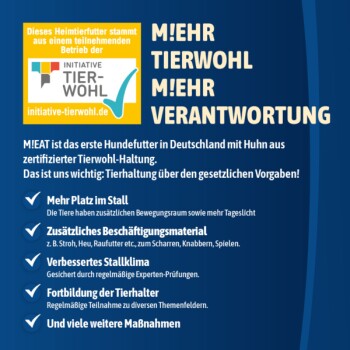 Zertifizierungslabel der Initiative Tierwohl für Tierfutter mit Huhn aus zertifizierter tiergerechter Haltung in Deutschland, mit Auflistung der Tierschutzmaßnahmen.