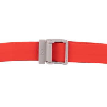 Rotes Haustierhalsband mit einer grauen Schnalle, die die Nummer "2" darauf hat.