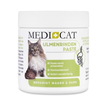 MediCat Ulmenrindenpaste für Katzen, mit einer flauschigen Katze auf dem Etikett, die behauptet, Magen und Darm zu beruhigen.