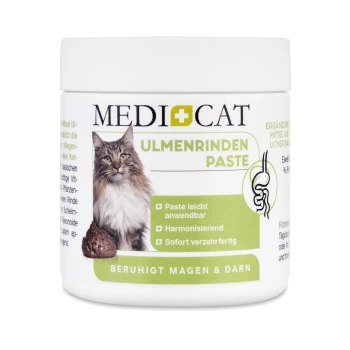 MediCat Ulmenrindenpaste für Katzen, mit einer flauschigen Katze auf dem Etikett, die behauptet, Magen und Darm zu beruhigen.