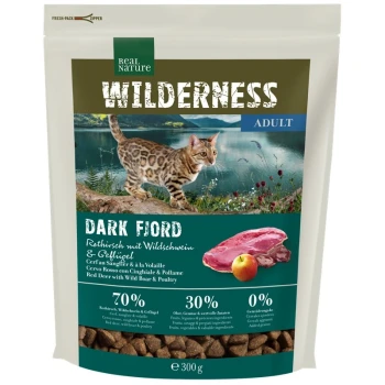 WILDERNESS Trockenfutter Katze, Adult, Dark Fjord, Rothirsch, Wildschwein & Geflügel 300 g Hundefutterbeutel "Wilderness Dark Fjord" mit Wildkatze und See, 70% Fleisch, 30% Früchte/Gemüse, 0% zugesetzte Körner.
