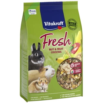 Vitakraft Fresh Nut & Fruit Cocktail für Nagetiere, mit Bildern eines Kaninchens, Meerschweinchens und Hamsters. Hebt Vitamine hervor, kein Zucker, keine Konservierungsstoffe.