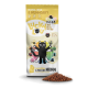 Eine Tüte 'Lucky Lou' Katzenfutter mit einer Cartoon-Schwarzen Katze, beschriftet mit 'JUNG, WILD & HUNGRIG!' und Symbolen für getreidefrei und ohne Zuckerzusatz.