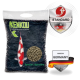 Kenkou Koi-Futterbeutel mit einem rot-weißen Koi-Fisch, Pellets-Bild und Text: "Spezial mit Spirulina," "Hergestellt in Deutschland," und Qualitätssiegel.