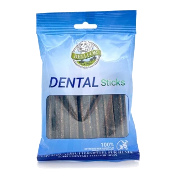 Blaue Verpackung von BELLEOR DENTAL Sticks für Hunde, mit einem transparenten Fenster, das die Sticks im Inneren zeigt, beschriftet mit 100% natürlich.
