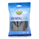 Blaue Verpackung von BELLEOR DENTAL Sticks für Hunde, mit einem transparenten Fenster, das die Sticks im Inneren zeigt, beschriftet mit 100% natürlich.