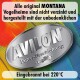 Bunter Federhintergrund mit silbernem AVILON®-Logo und Text: "Pulver-Beschichtung ungiftig," "Eingebrannt bei 220°C," und Informationen zu MONTANA Vogelhäusern.