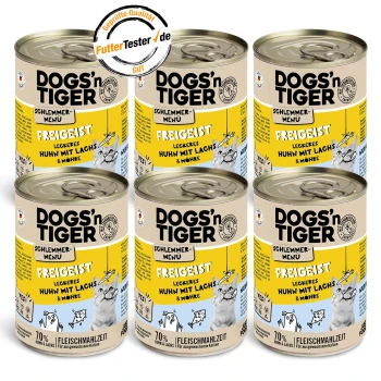 Sechs Dosen DOGS'n TIGER Katzenfutter mit der Aufschrift "Schlemmer-Menü FREIGEIST", mit Huhn, Lachs und Karotten, mit 70% Fleischanteil.
