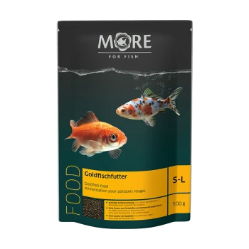 Emballage de nourriture pour poissons rouges avec deux illustrations de poissons rouges, étiqueté 'Goldfischfutter' et 'S-L', avec un poids de 500 g.