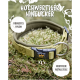 Ein strapazierfähiges grünes Nylon-Halsband für Hunde, das auf Moos liegt, mit einer schwarzen Schnalle und einem Metallring, mit Text, der die Qualität und Materialien hervorhebt.