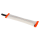 Ein langes, rechteckiges Haustierspielzeug aus strapazierfähigem Stoff mit orangefarbenen Enden und blauer Naht, entworfen für Hunde zum Kauen und Spielen.