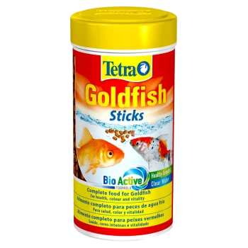 Tetra Goldfish Sticks container featuring goldfish images, "Bio Active Formula" label, and text stating "Complete food for Goldfish."