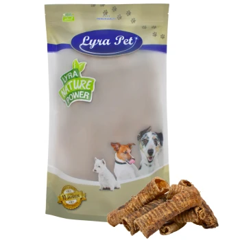 Lyra Pet Hundeleckerlipackung mit drei Hunden auf der Vorderseite, beschriftet mit "Lyra Nature Power", mit einem Siegel, das "10 Jahren Best Qualität" anzeigt.