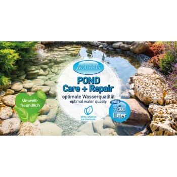 Aquaris POND Care + Repair Produktverpackung, die eine ruhige Teichszene mit Steinen und Grün zeigt, und optimale Wasserqualität bewirbt.