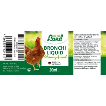 Etikett für Hühnerland Bronchi Liquid, ein 20ml Ergänzungsmittel für Geflügel, mit einer braunen Henne, Zutaten und Anwendungshinweisen.
