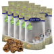 Sechs Beutel Lyra Pet Nature Power Hundeleckerlis, mit einem Haufen gerollter Leckerlis davor, mit einem Premium-Qualitätslabel.