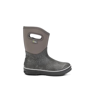 Graue, blumenmusterte Haustierstiefel mit einem weichen oberen Teil und seitlichen Griffen für einfaches Anziehen, mit einer weißen Sohle und strukturiertem Boden.
