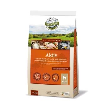 Hundefutterbeutel mit der Aufschrift "BELLFOR PREMIUMPUR Aktiv" für erwachsene Hunde, mit Bildern von Zutaten und Text auf Deutsch über spezialisierte Ernährung.