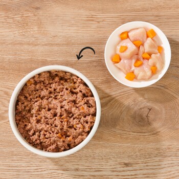 Eine Schüssel mit feuchtem Hundefutter mit stückiger Textur, die Gemüsestücke enthält, neben einer kleineren Schüssel mit rohen Hühnerstücken und Karottenwürfeln.