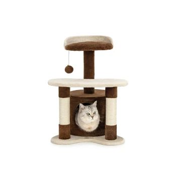 Ein gemütlicher Katzenbaum mit einer plüschigen oberen Plattform, einem Kratzbaum und einem Versteck, mit einer grauen Katze, die herausblickt.