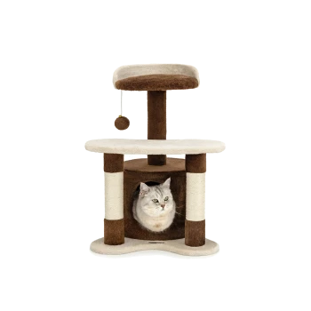 Ein gemütlicher Katzenbaum mit einer plüschigen oberen Plattform, einem Kratzbaum und einem Versteck, mit einer grauen Katze, die herausblickt.