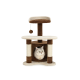 Ein gemütlicher Katzenbaum mit einer plüschigen oberen Plattform, einem Kratzbaum und einem Versteck, mit einer grauen Katze, die herausblickt.