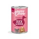 Boîte de nourriture pour chiens Edgard Cooper pour chiots, 400 g, sans céréales, avec une étiquette rose indiquant "Duck & Chicken" et des illustrations d'un canard et de deux chiens.