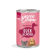 Boîte de nourriture pour chiens Edgard Cooper pour chiots, 400 g, sans céréales, avec une étiquette rose indiquant "Duck & Chicken" et des illustrations d'un canard et de deux chiens.